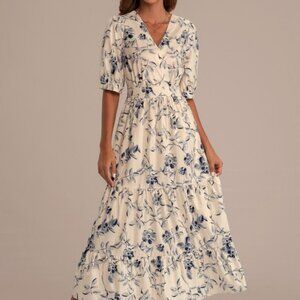 Blue and White Faux Wrap Floral Midi Dress